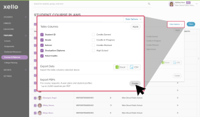 Student course plans page in Xello. Data Options menu is open with the cursor clicking on "Create"